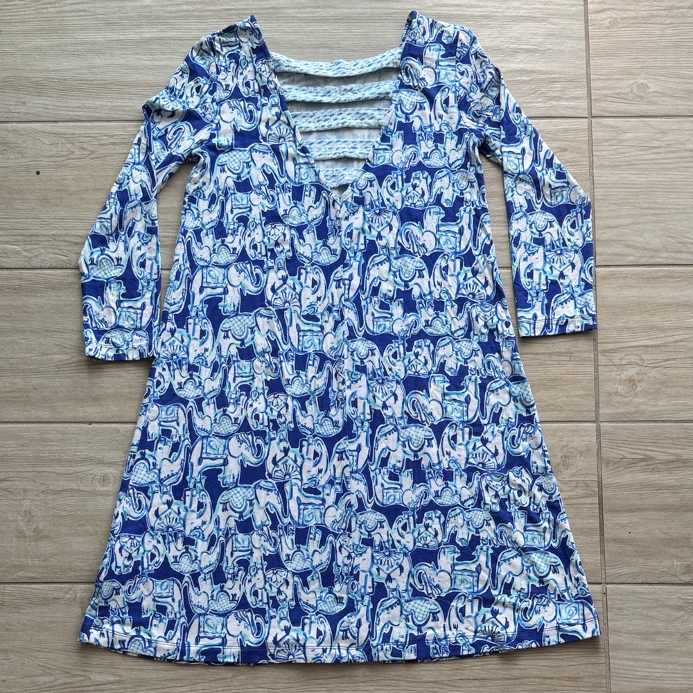 Lilly Pulitzer 🐘 Get Trunky Blue Ophelia Swing Dress Elephant Lattice Size XXS
